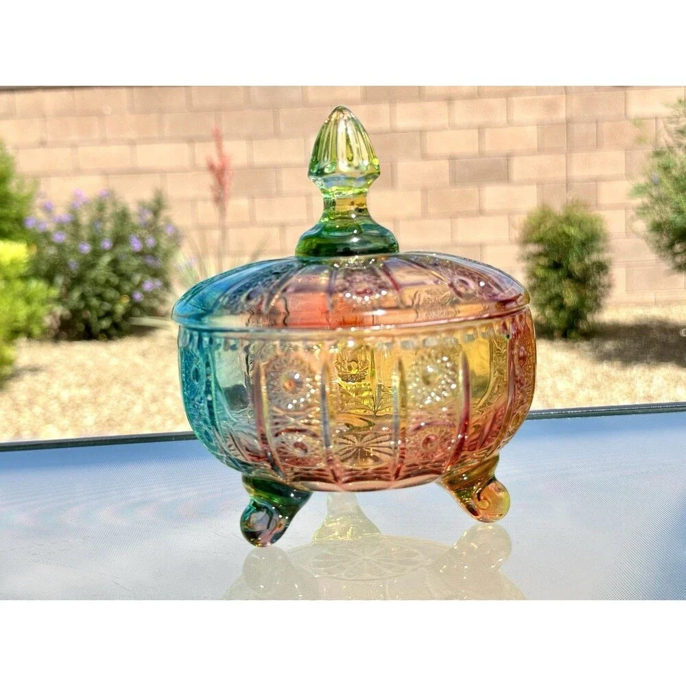 Glass Candy Dish Rainbow Jar 16oz Colorful Embossed Vintage Bowl with Lid
